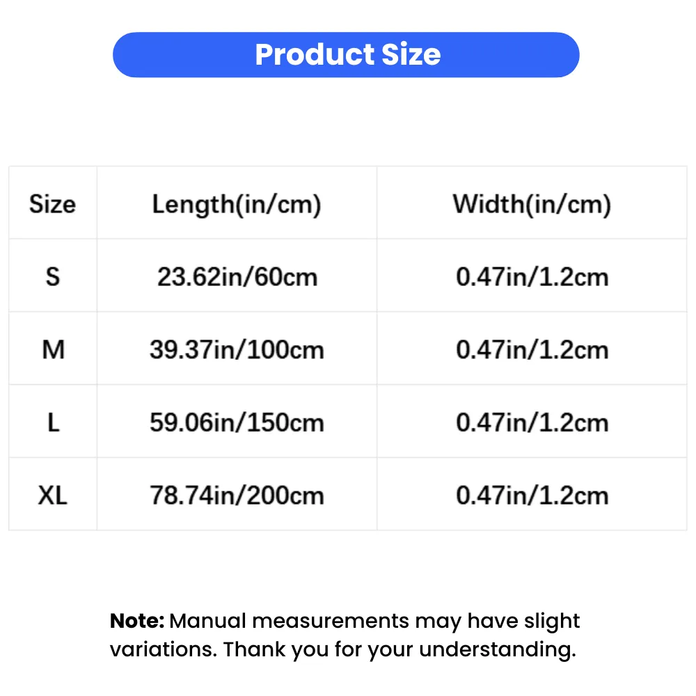 Size chart for tactical rope dog leash showing lengths and widths in inches and centimeters