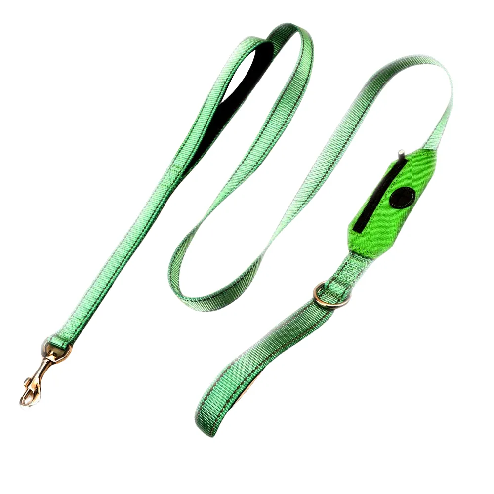 Green reflective dog leash with integrated poop bag holder and metal clasp for dog walking