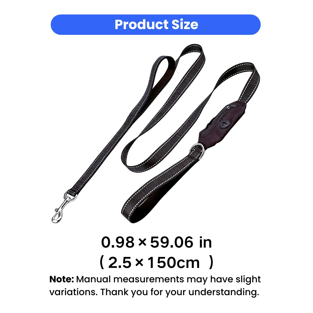 Dog leash with built-in poop bag holder size details 2.5cm x 150cm reflective nylon leash