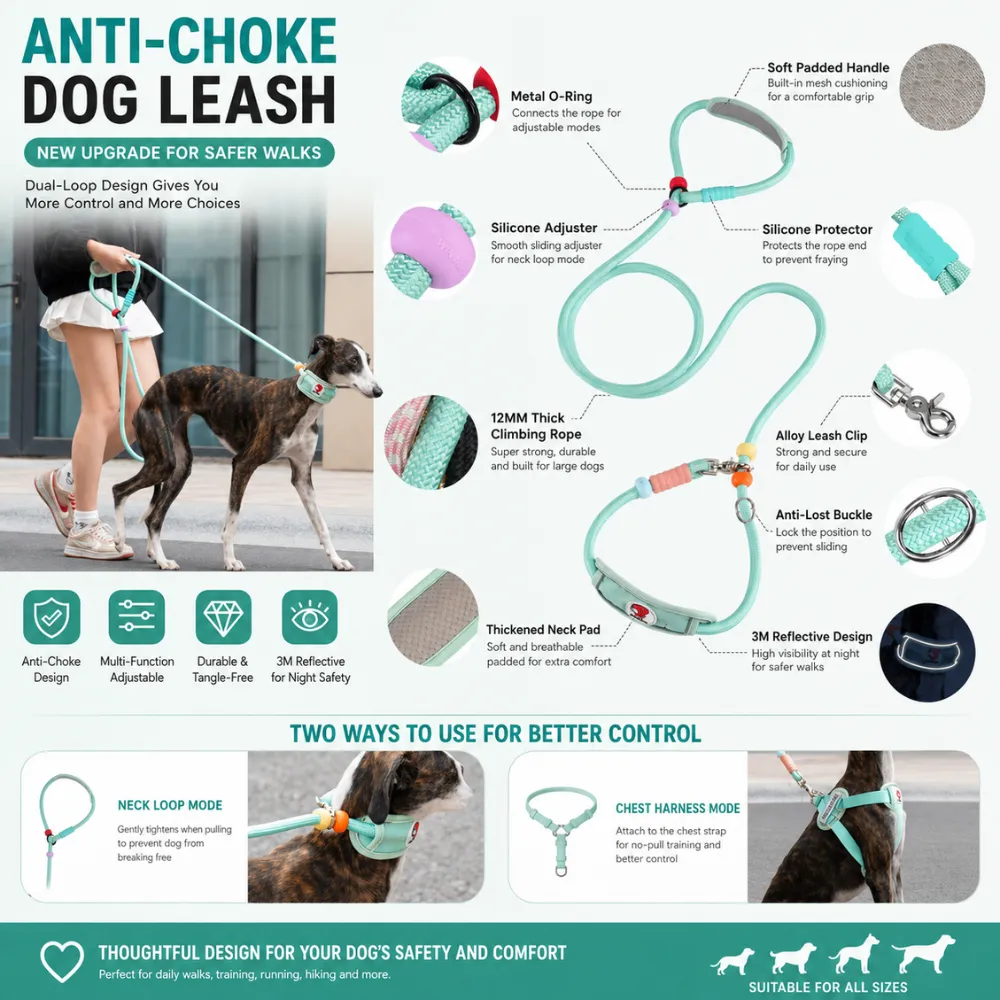 Reflective anti-choke dog leash with padded handle alloy clip silicone adjuster and climbing rope design
