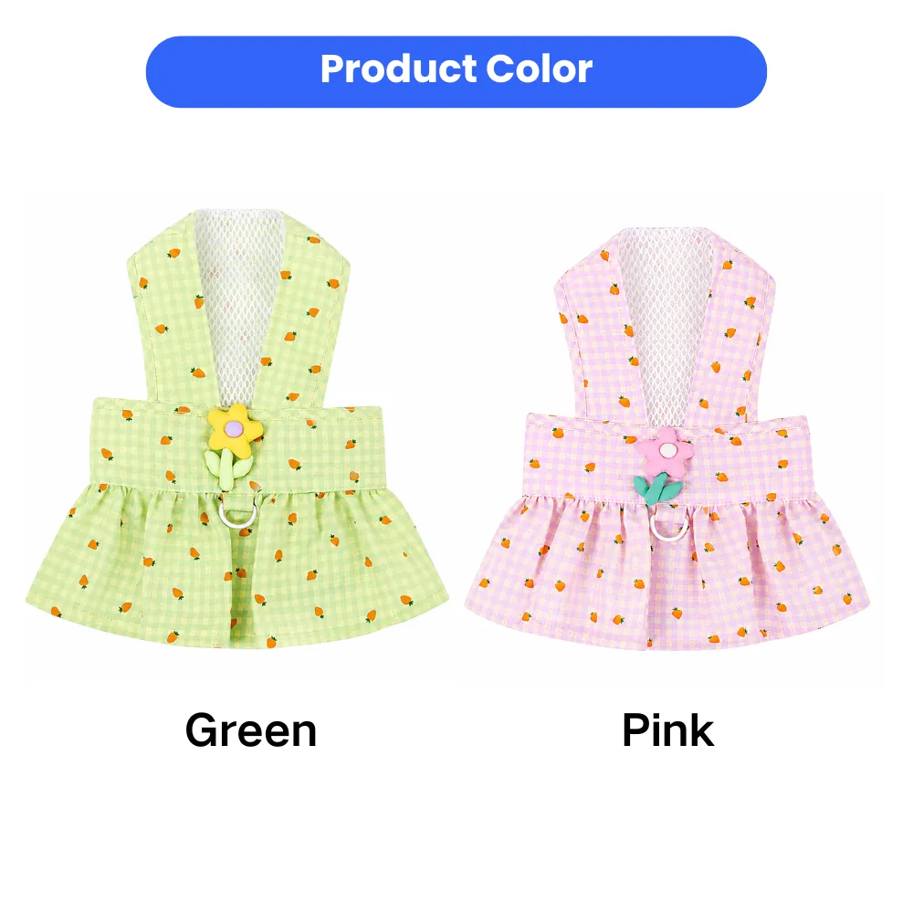 Green and pink floral plaid dog harness dresses with breathable mesh lining for puppies and small dogs