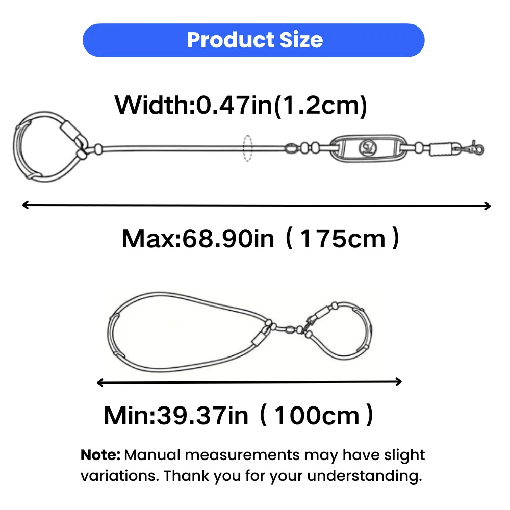 Adjustable anti-choke dog leash size chart showing width and adjustable length measurements