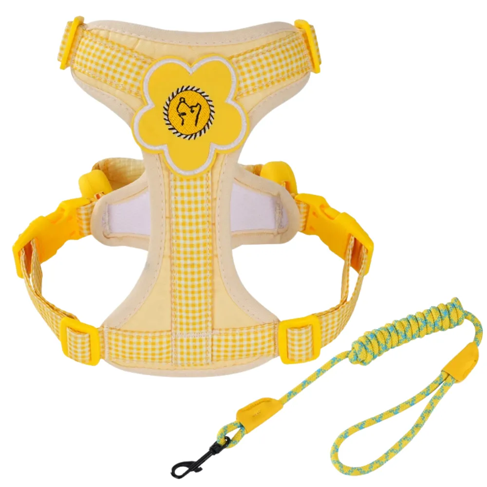 Yellow plaid no pull dog harness with matching rope leash for medium dogs