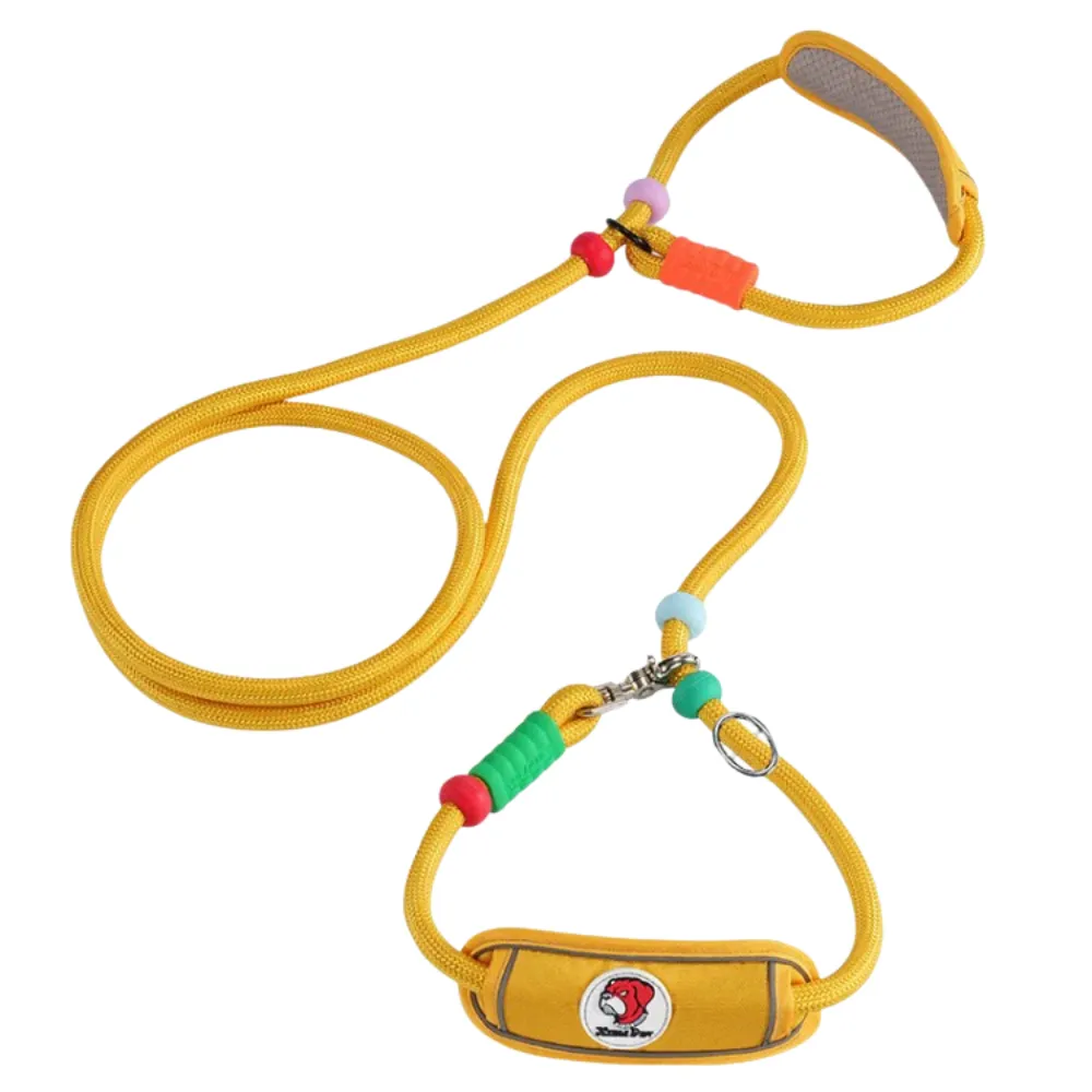 Yellow anti-choke adjustable dog training leash with padded handle and slip lead loop