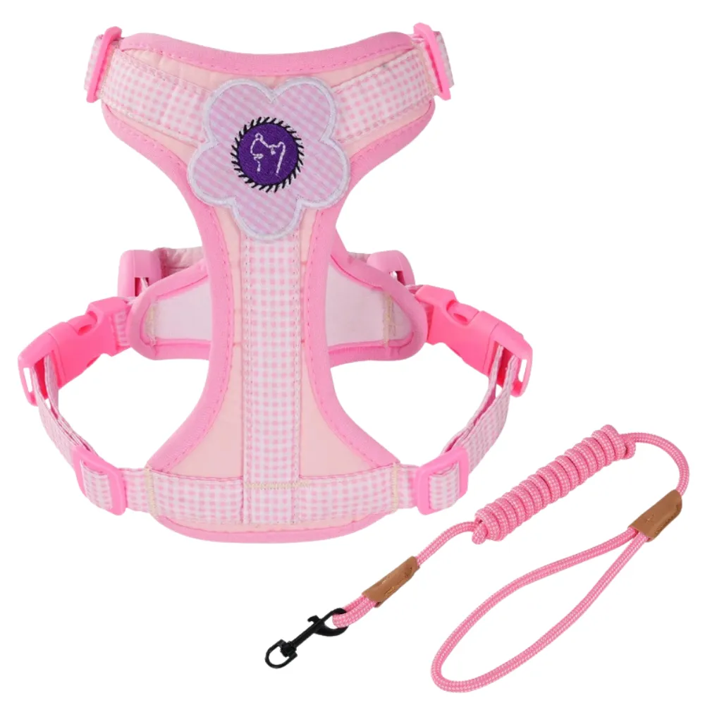 Pink floral dog harness and leash set for small dogs with adjustable straps