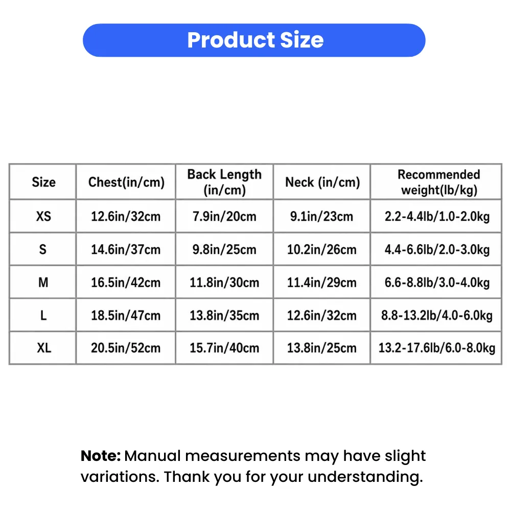 Size chart for floral dog dress including chest, neck, back length and recommended weight
