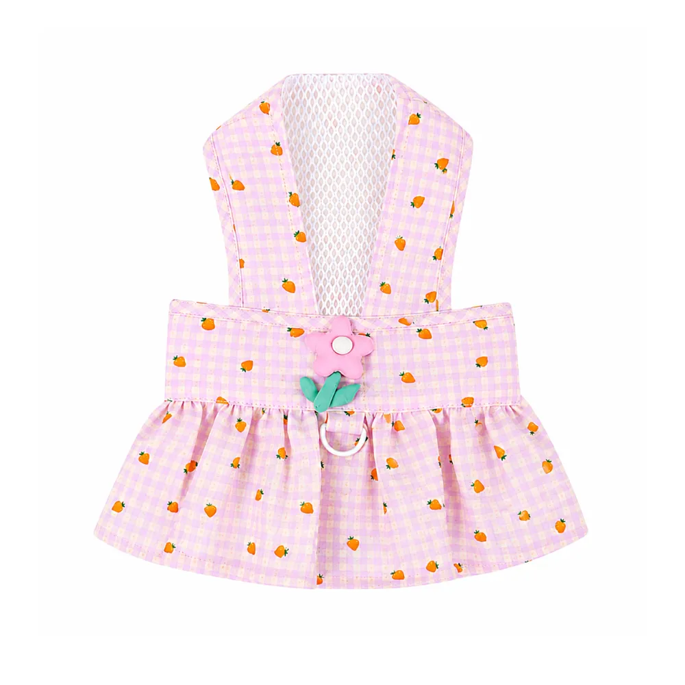 Pink floral plaid dog harness dress featuring breathable mesh fabric and decorative flower detail