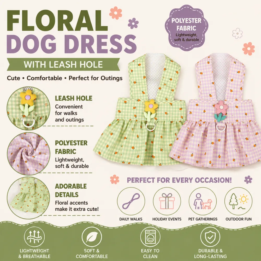 Floral dog dress with leash hole, breathable polyester fabric and lightweight design