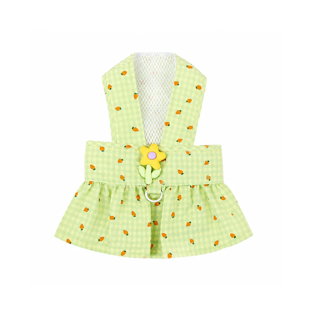 Green floral plaid dog harness dress with breathable mesh back and flower decoration