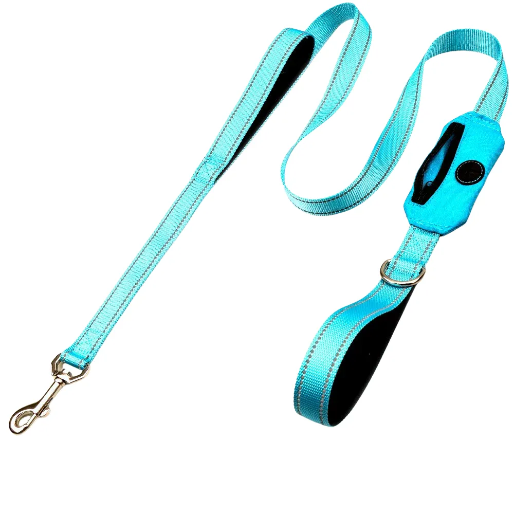 Blue reflective dog leash with built-in poop bag holder and padded handle for outdoor walking