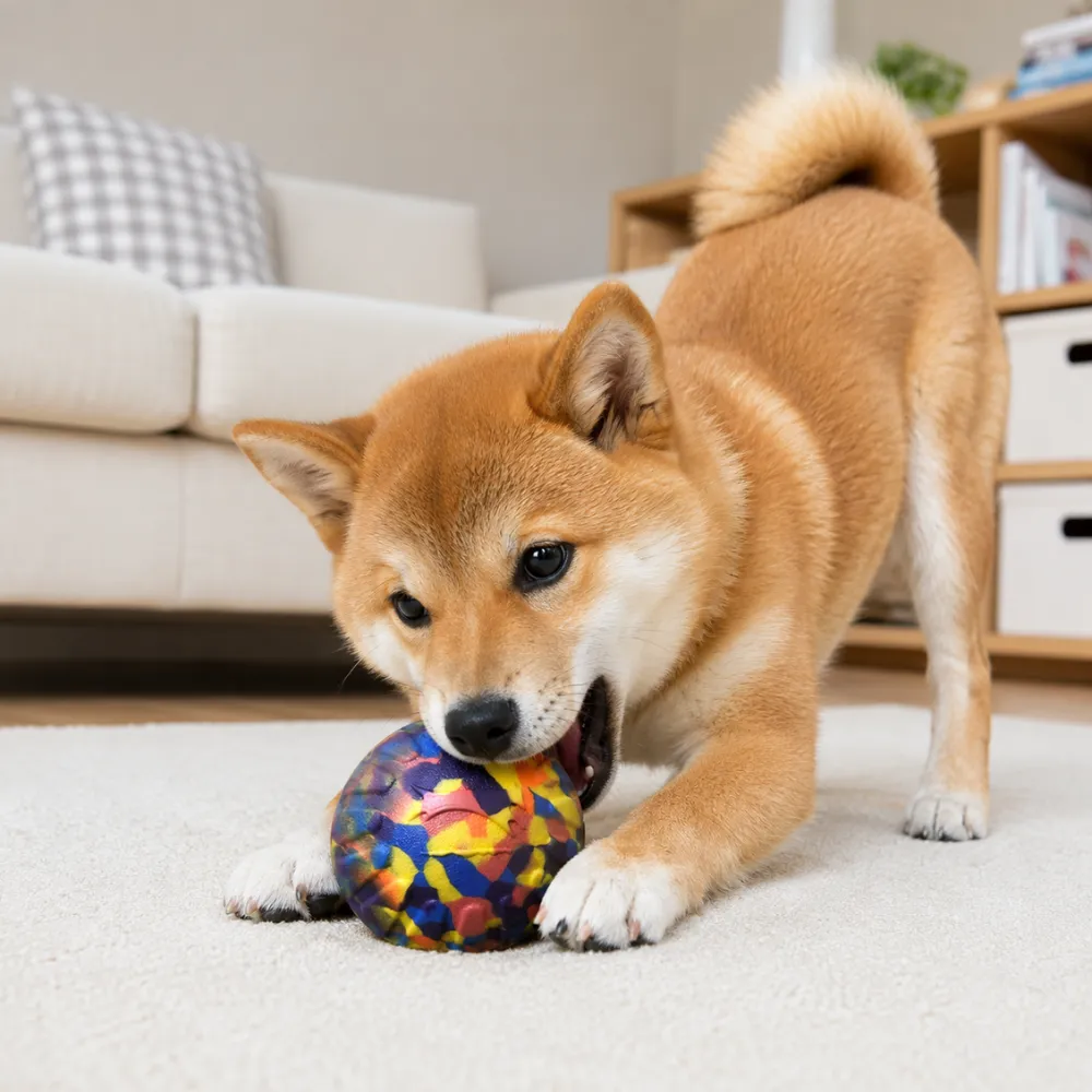 Shiba Inu chewing a colorful EVA camouflage dog ball toy on a living room carpet
