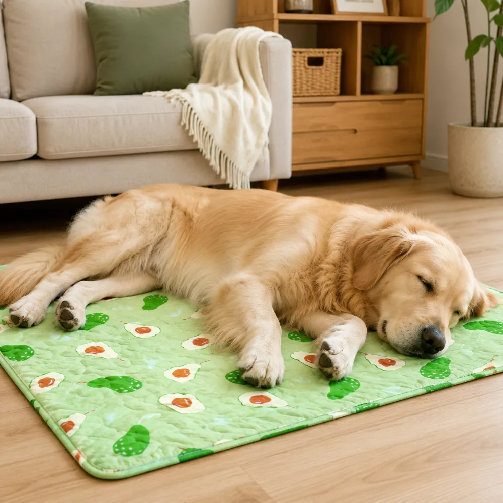 Golden retriever resting comfortably on a soft all season dog mat in a living room