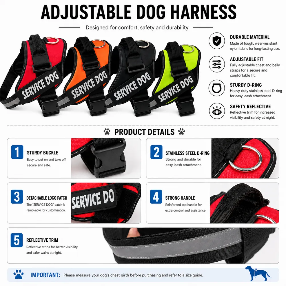 Detailed view of adjustable service dog harness showing buckle, handle, D-ring, reflective trim and removable patch