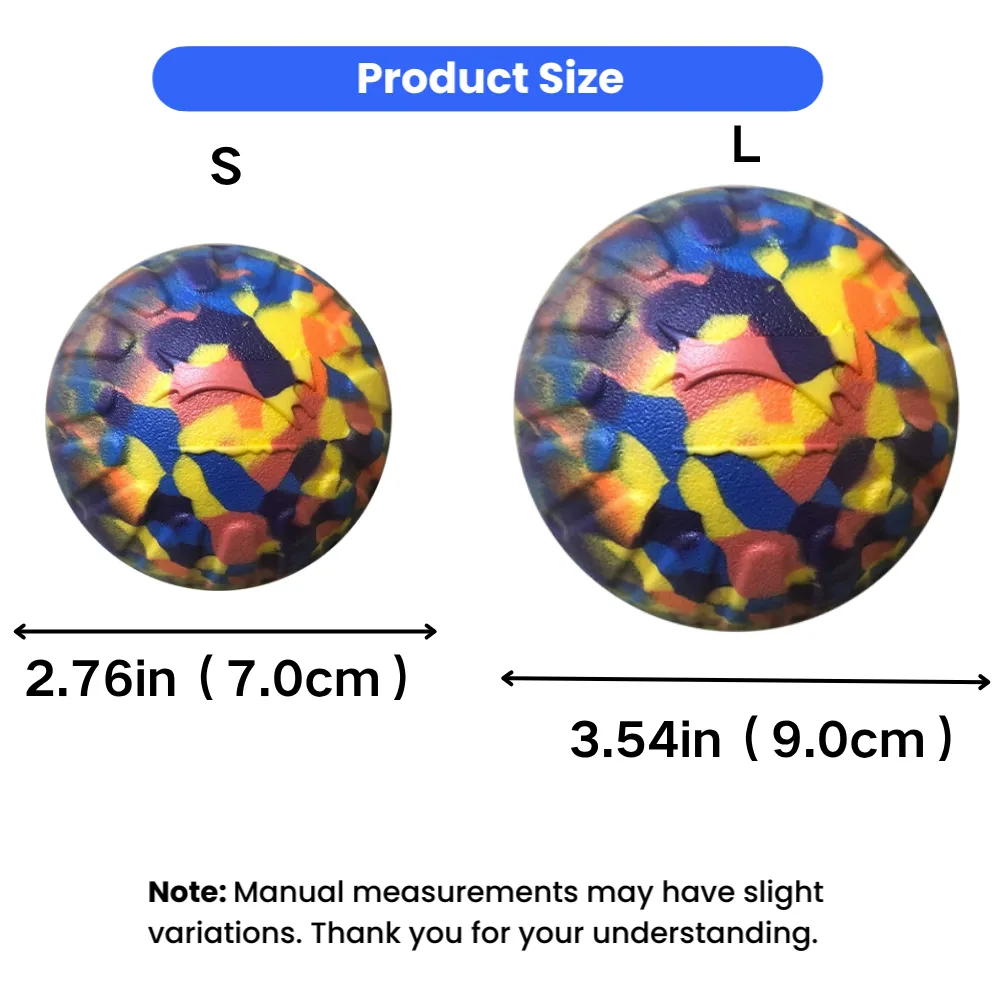 EVA camouflage dog toy ball size comparison showing small 7cm and large 9cm options
