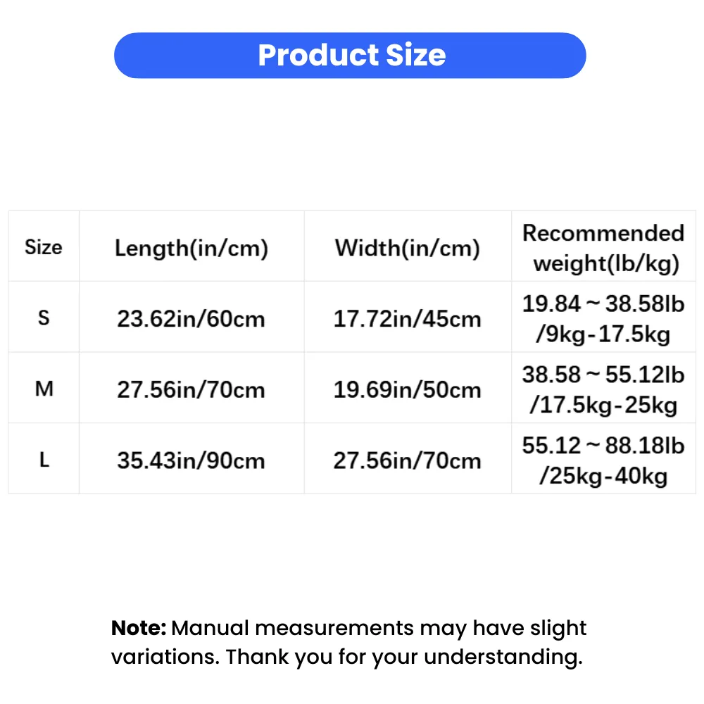 Size chart for all season dog mat showing dimensions and recommended dog weight range