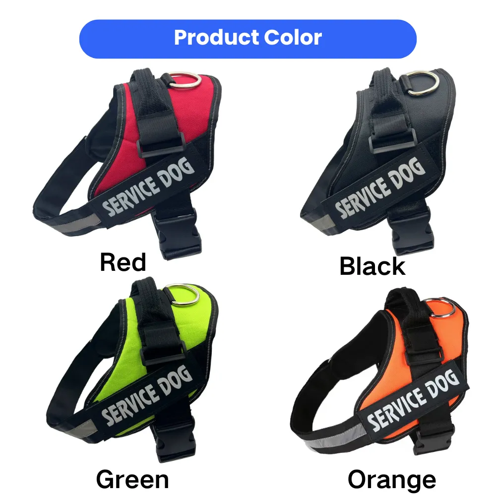 Adjustable service dog harness available in red, black, green and orange color options