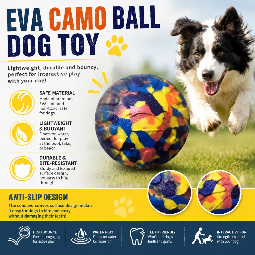 EVA camouflage dog ball toy with floating design, bite-resistant texture and interactive fetch features