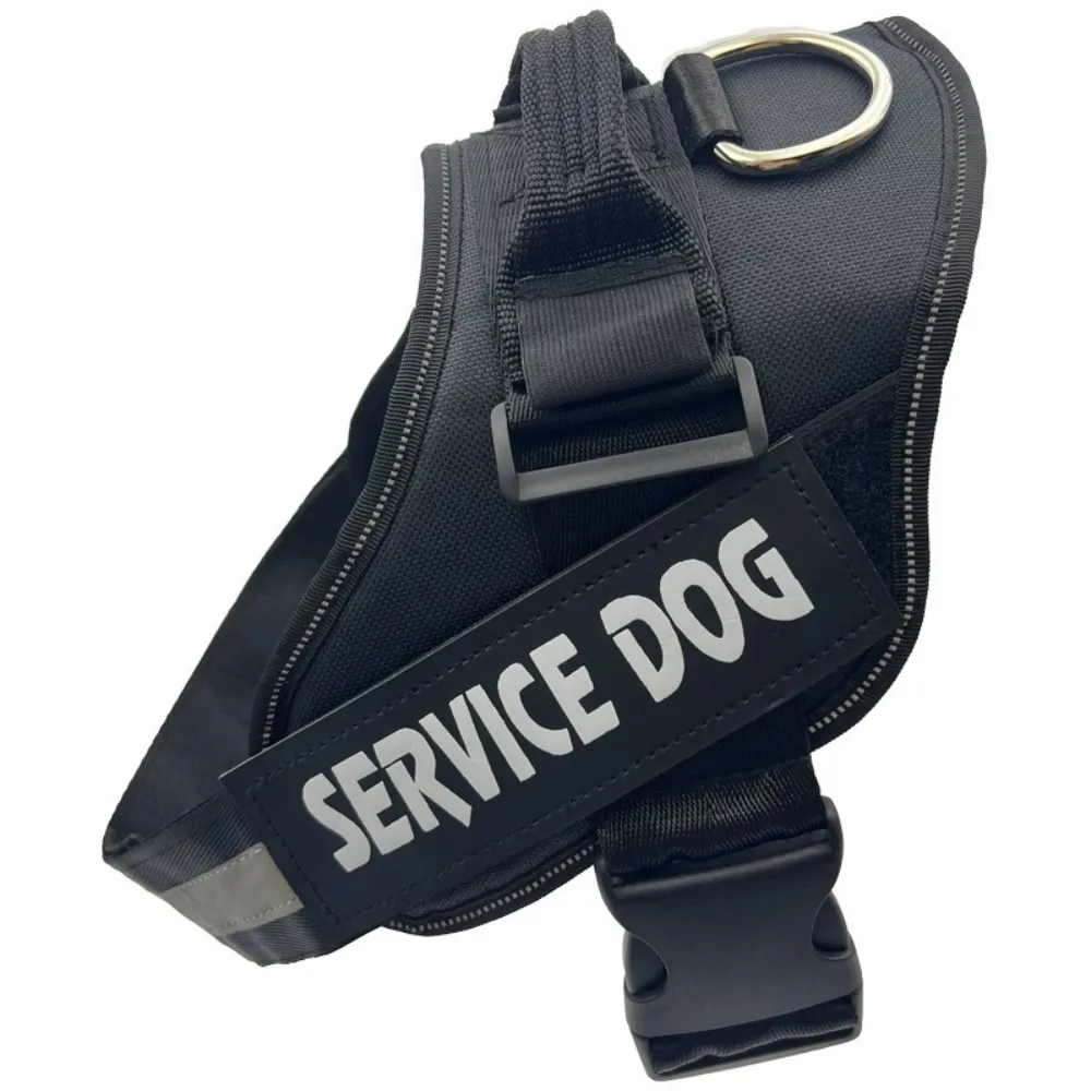 Black adjustable service dog harness with reflective strap, handle and removable service dog patch