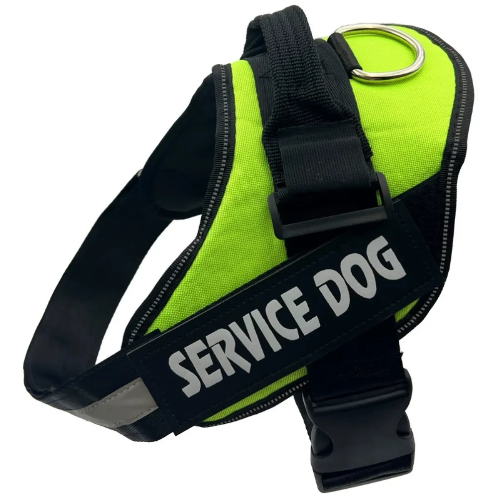 Green reflective working dog harness with handle and heavy-duty D-ring attachment