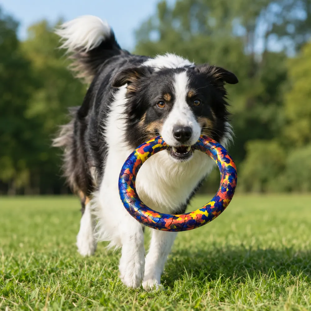Border Collie carrying colorful EVA ring dog toy during outdoor fetch training