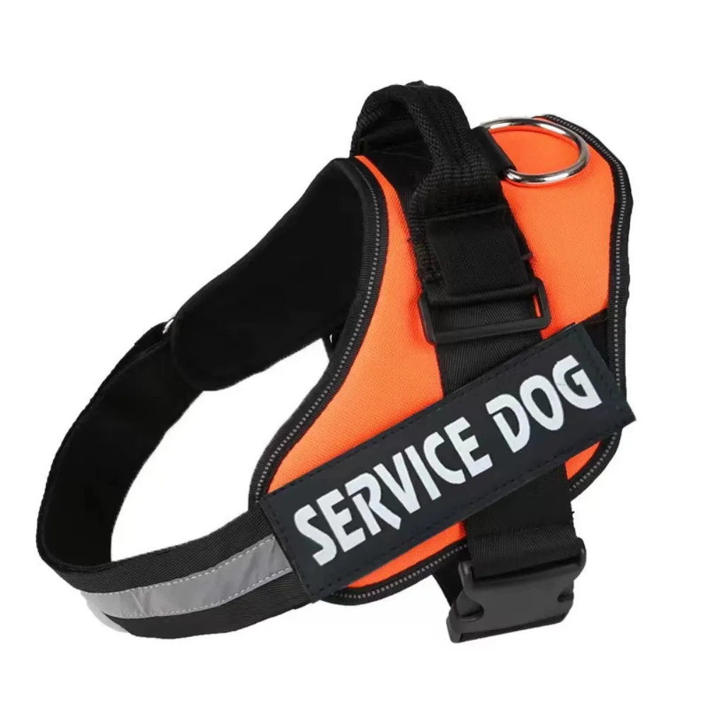 Orange adjustable service dog harness featuring reflective trim, durable buckle and top handle