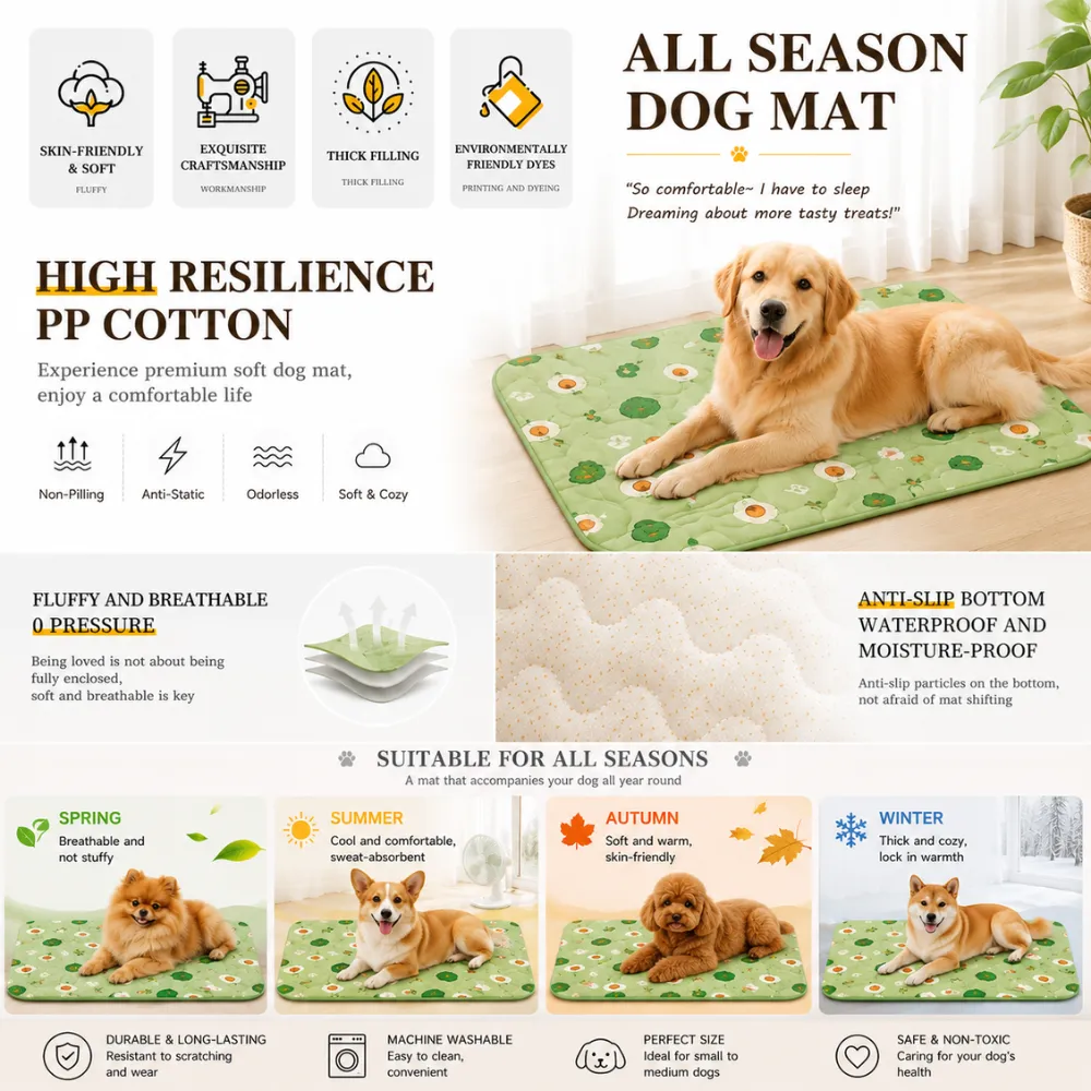 All season dog mat featuring PP fiber filling, anti-slip bottom and machine washable design