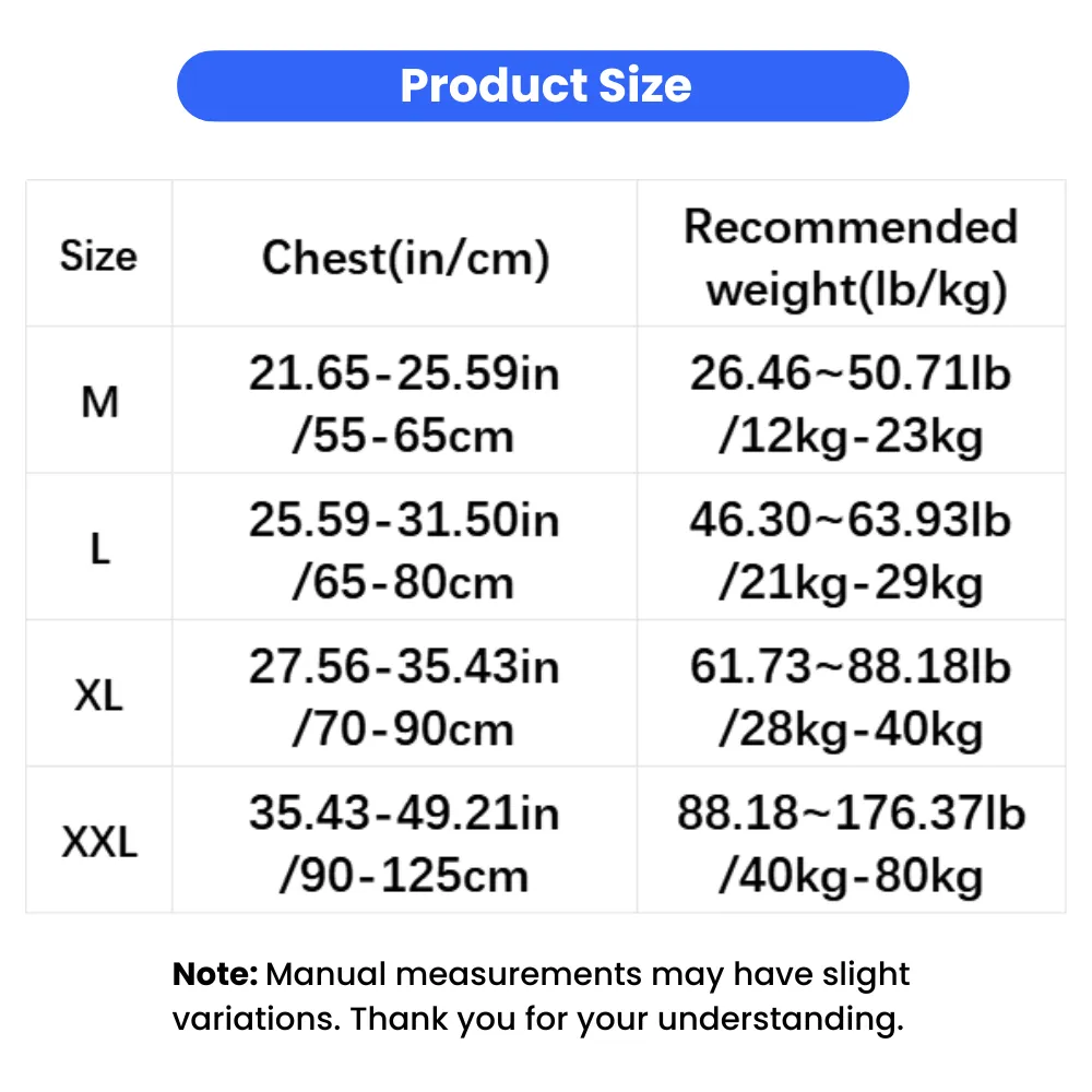 Service dog harness size chart with chest measurements and recommended dog weight ranges
