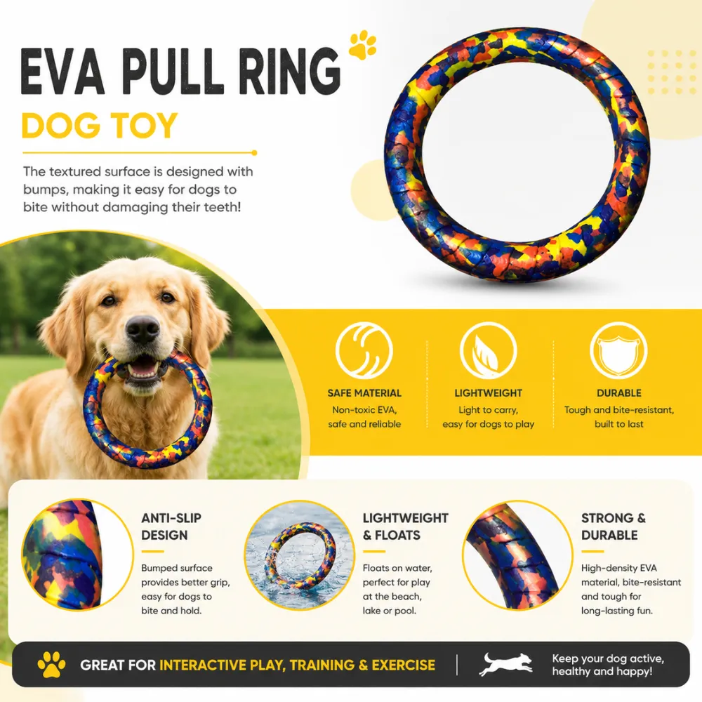 EVA pull ring dog toy featuring lightweight, floating, anti-slip and durable construction