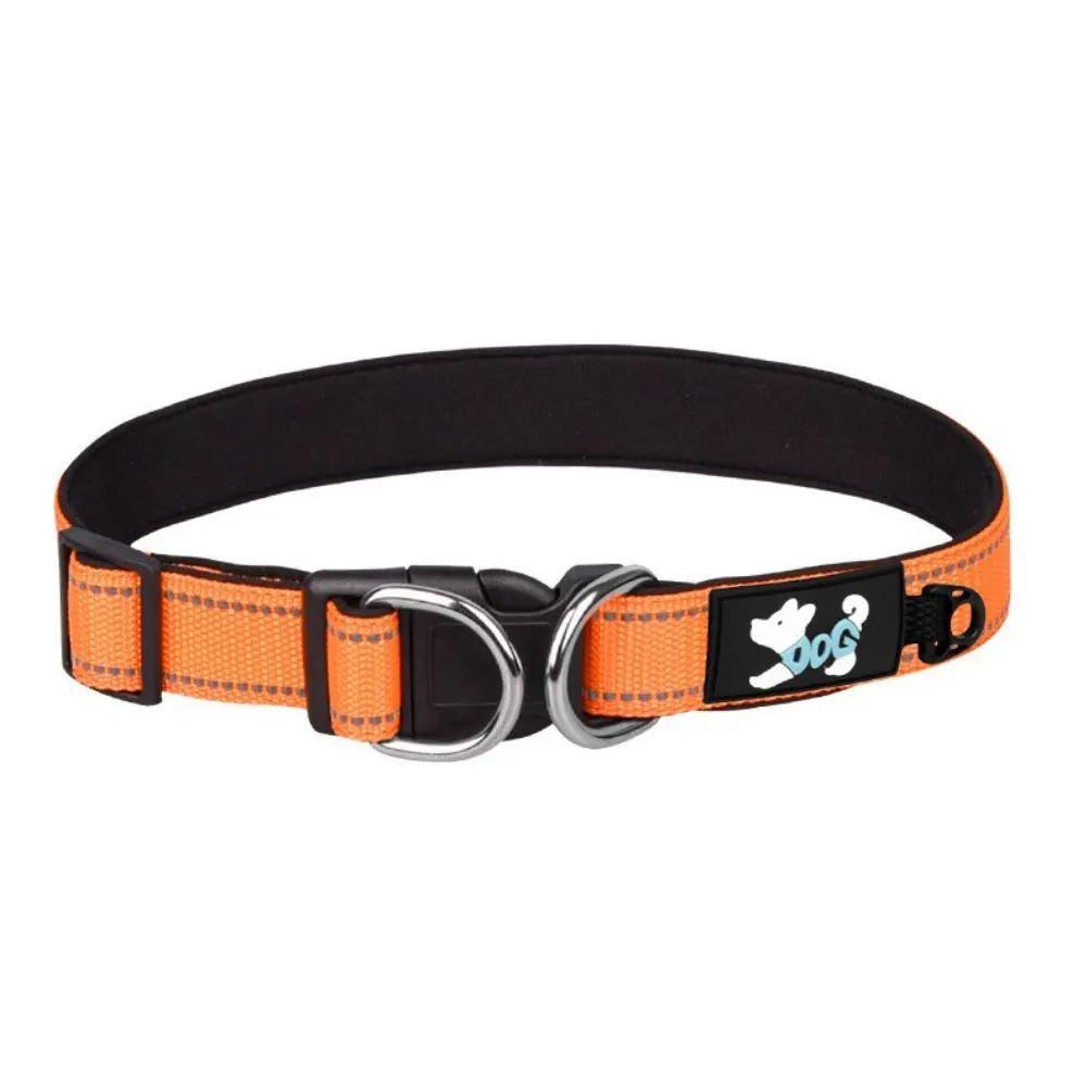 Orange adjustable reflective dog collar with waterproof lining and dual D-rings