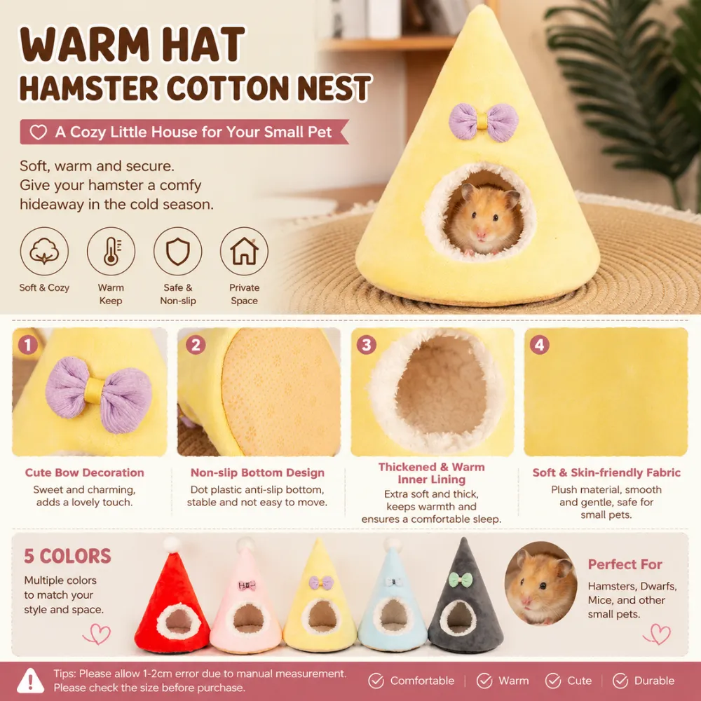 Plush hamster cotton nest with warm lining, non-slip bottom and cute bow decoration