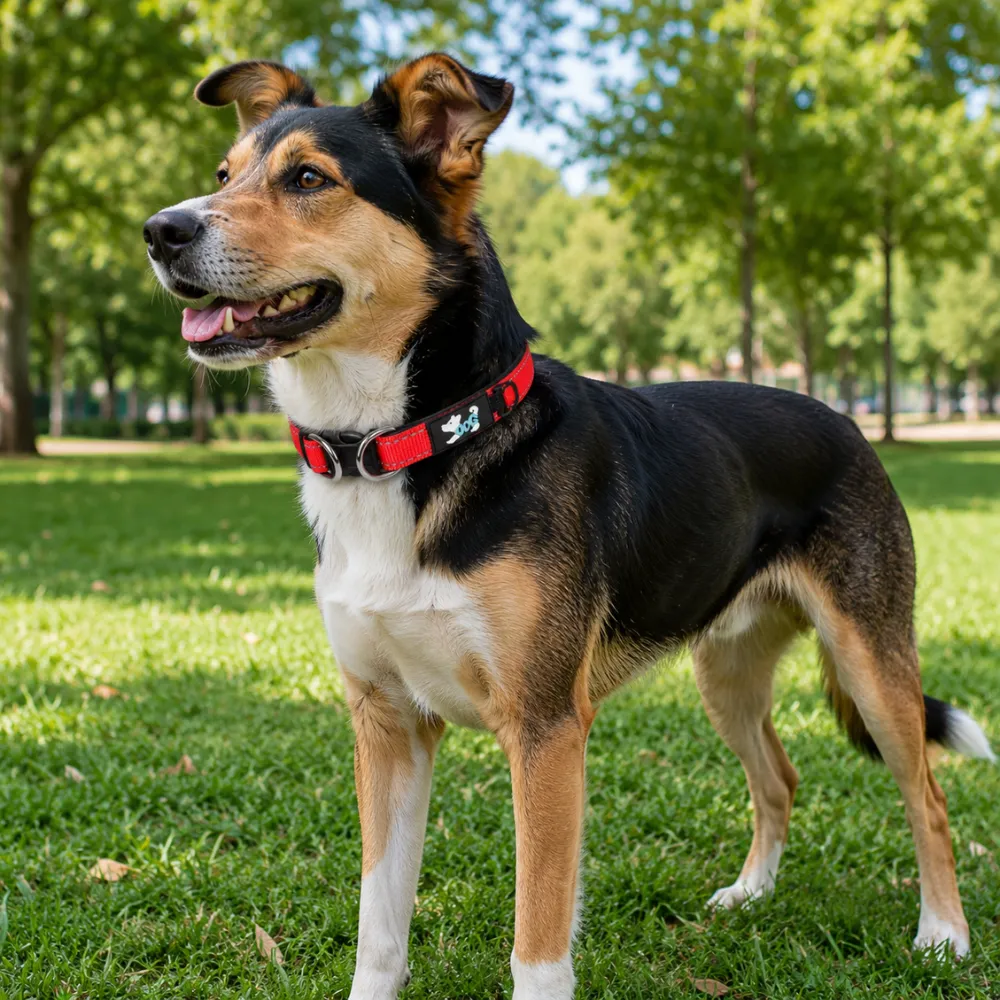 Medium-sized dog wearing a red reflective dog collar in a park setting