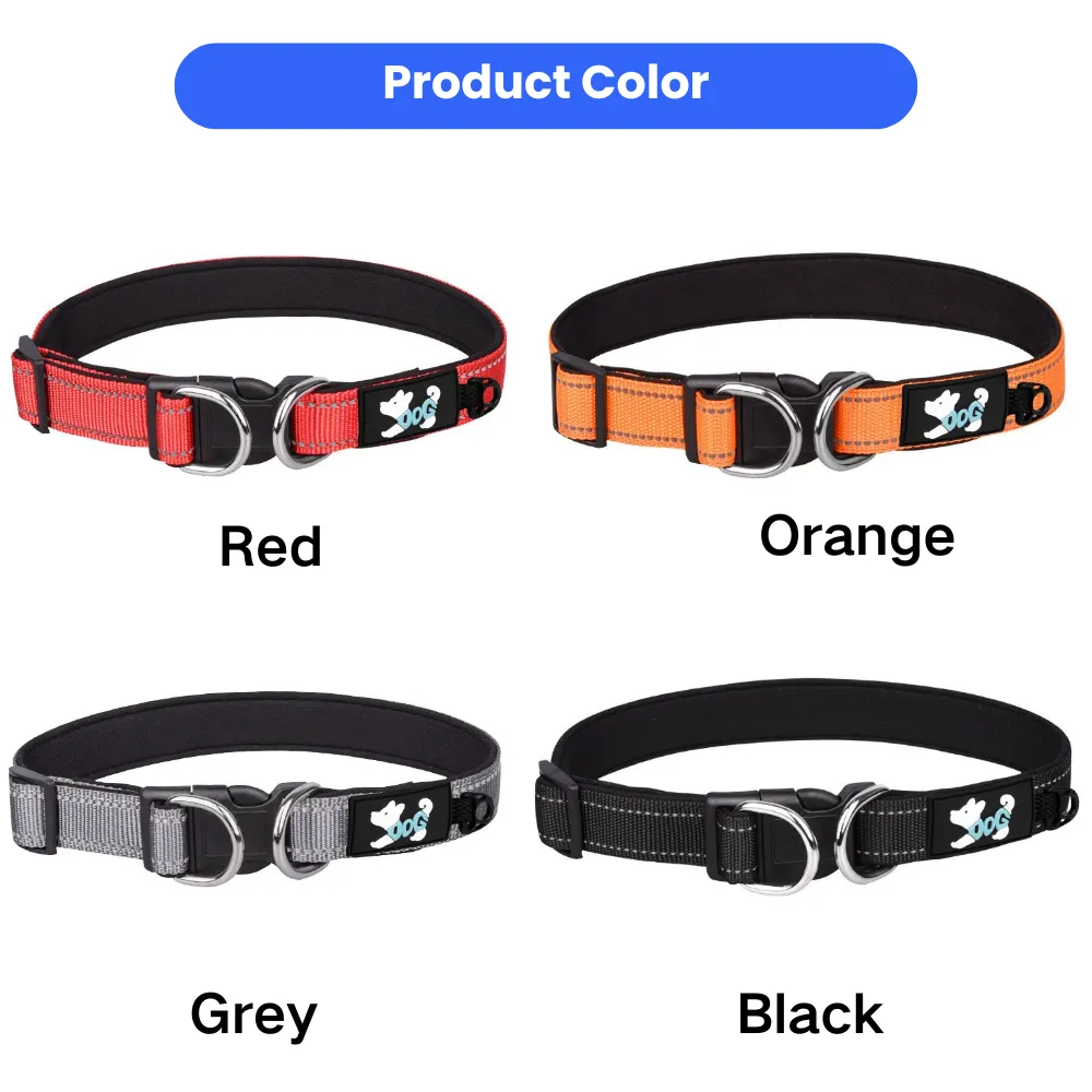 Reflective dog collar color options including red, orange, grey, and black
