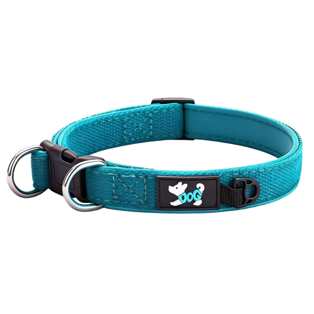 Lake blue breathable dog collar featuring adjustable sizing dual D-rings and padded interior