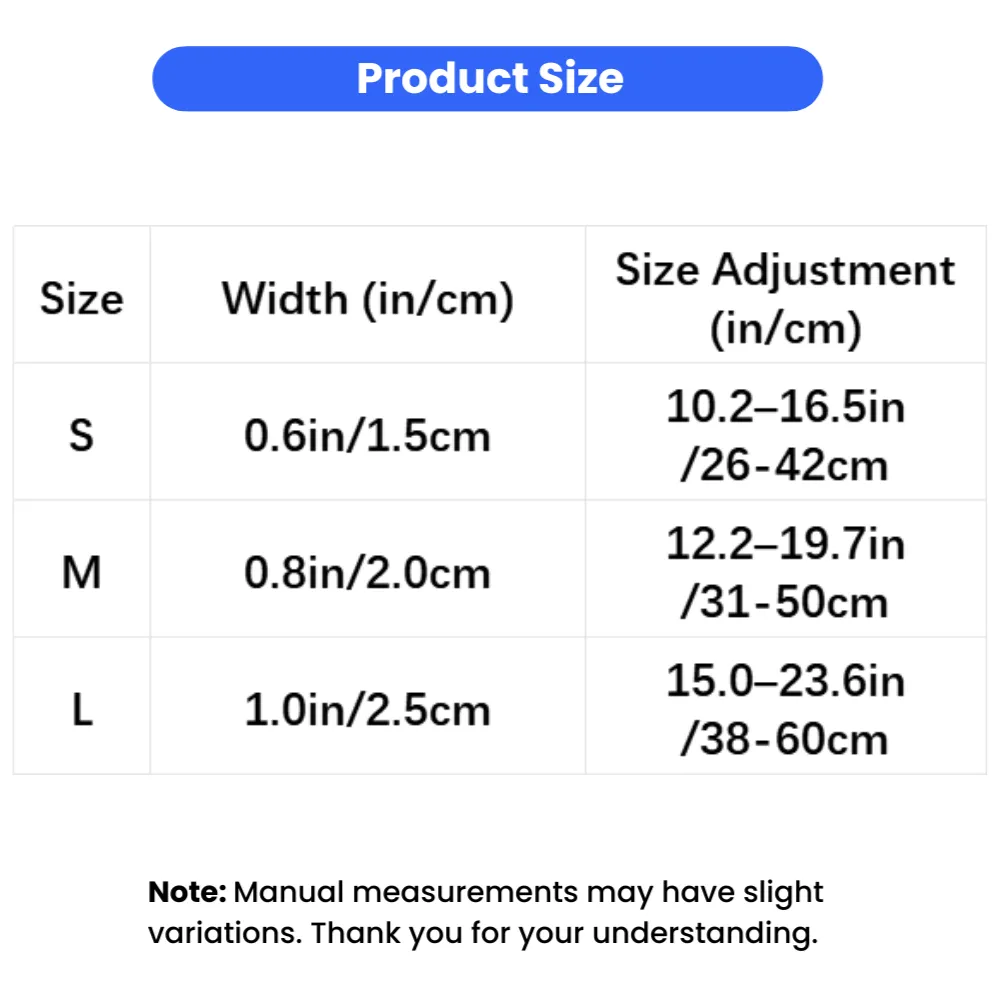 Adjustable reflective dog collar size chart showing S, M, and L dimensions