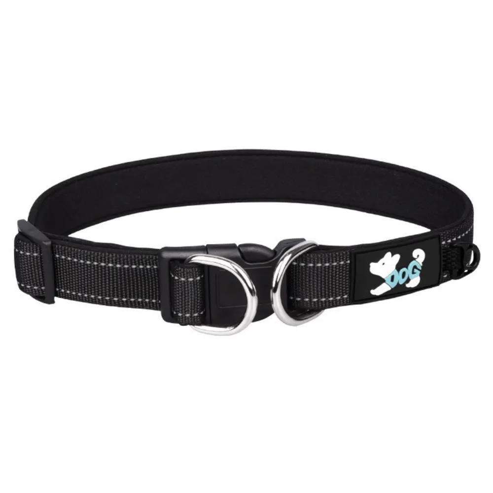 Black reflective waterproof dog collar with adjustable buckle and metal D-rings