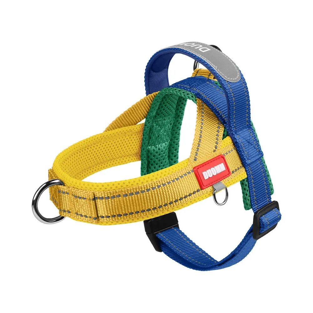 Yellow and blue adjustable dog harness with reflective stitching and breathable mesh lining