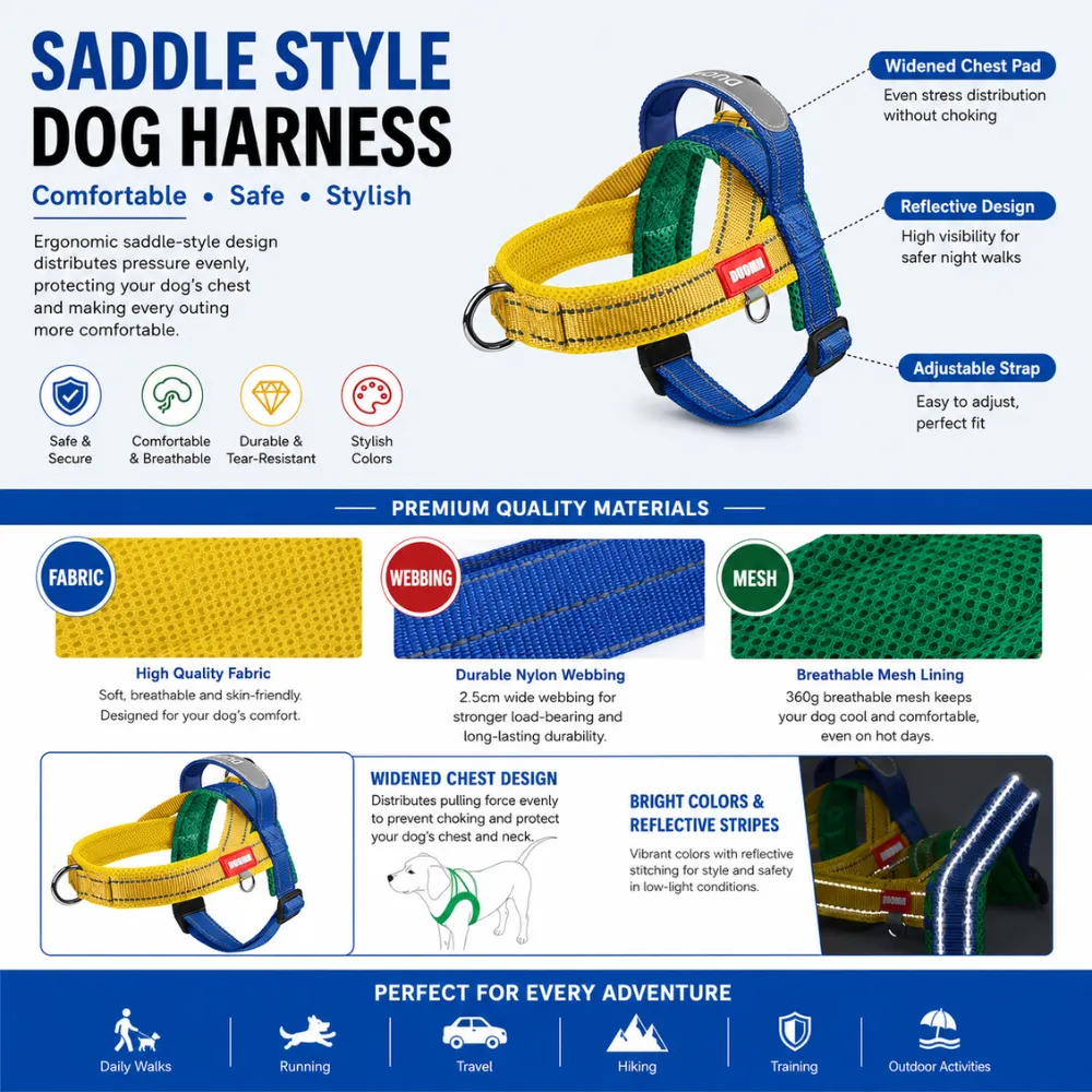 Reflective saddle style dog harness with widened chest pad breathable mesh lining and adjustable straps