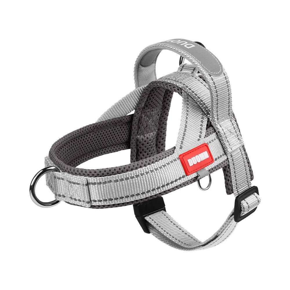 Grey reflective dog harness with breathable mesh padding and durable nylon webbing