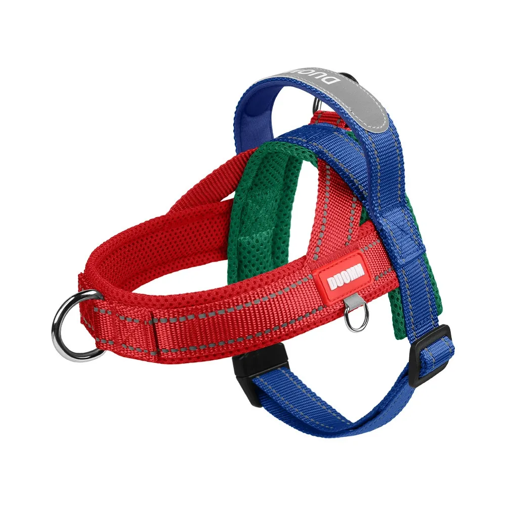 Red and blue reflective dog harness with adjustable straps and comfortable saddle style design