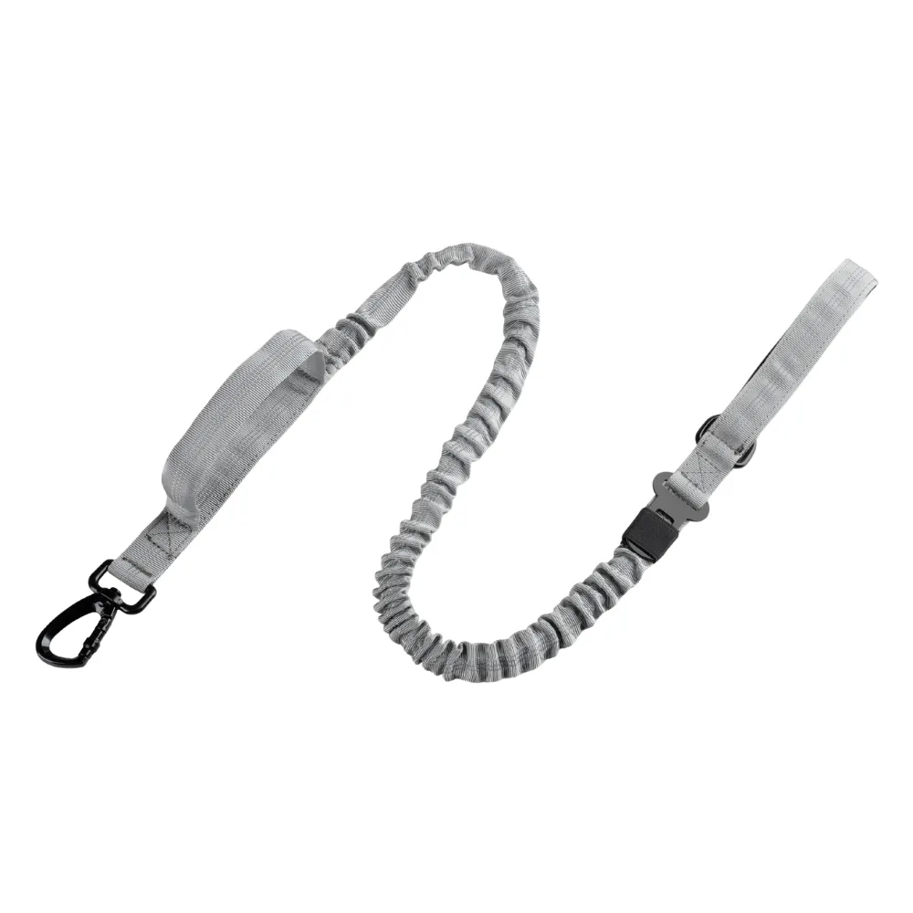 Grey heavy duty dog leash with shock absorbing bungee section and secure clasp