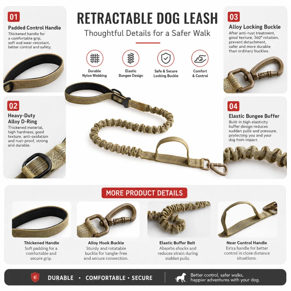 Reflective nylon dog leash with alloy hook, padded handle and elastic shock absorbing buffer