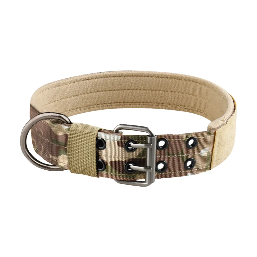 Camouflage tactical dog collar with padded lining and adjustable metal buckle