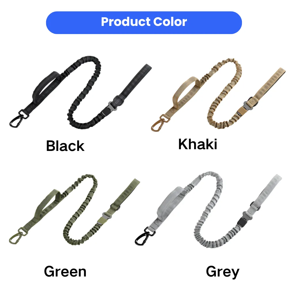 Shock absorbing dog leash available in four colors including black, khaki, green and grey