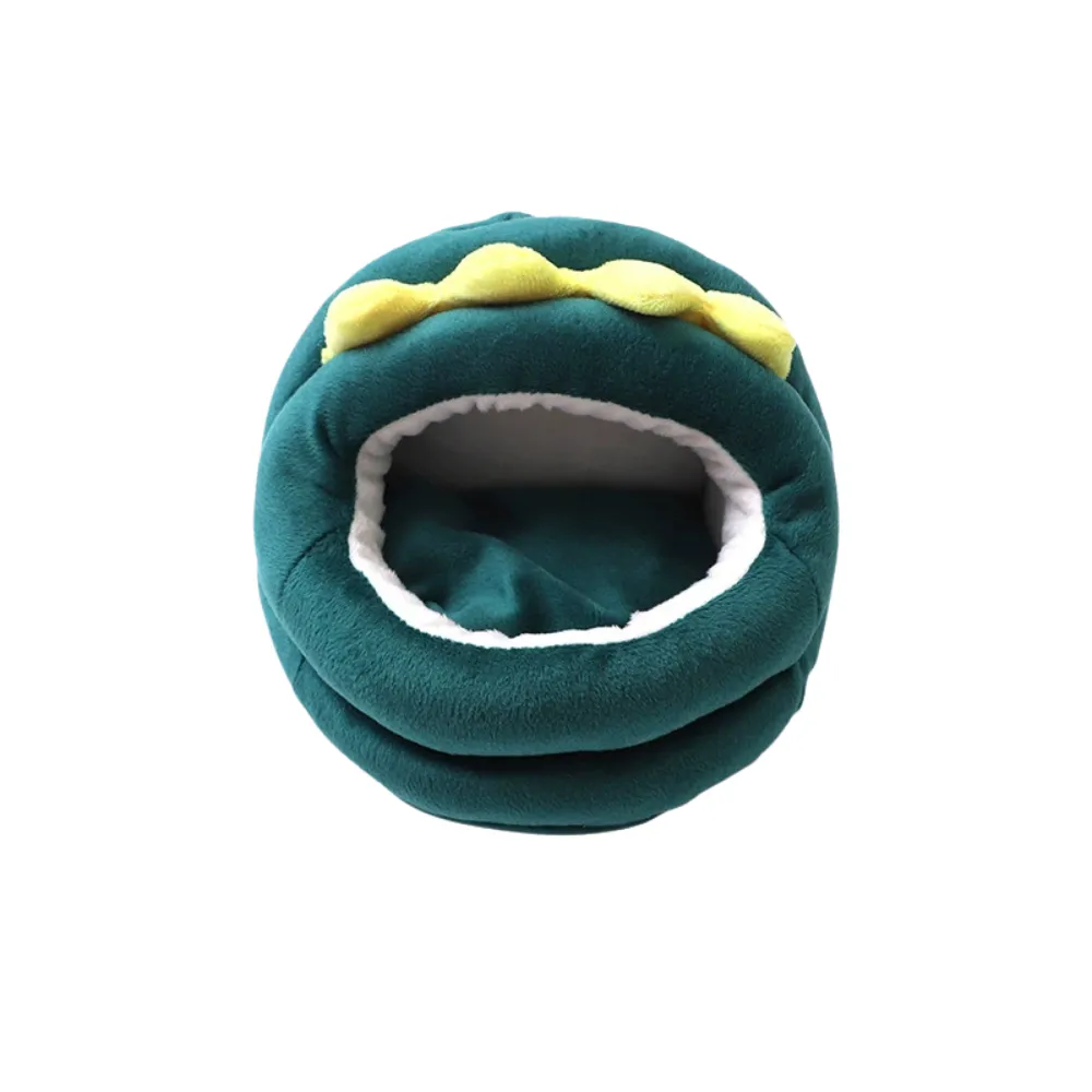 Green dinosaur-style plush hamster cave bed for small pets