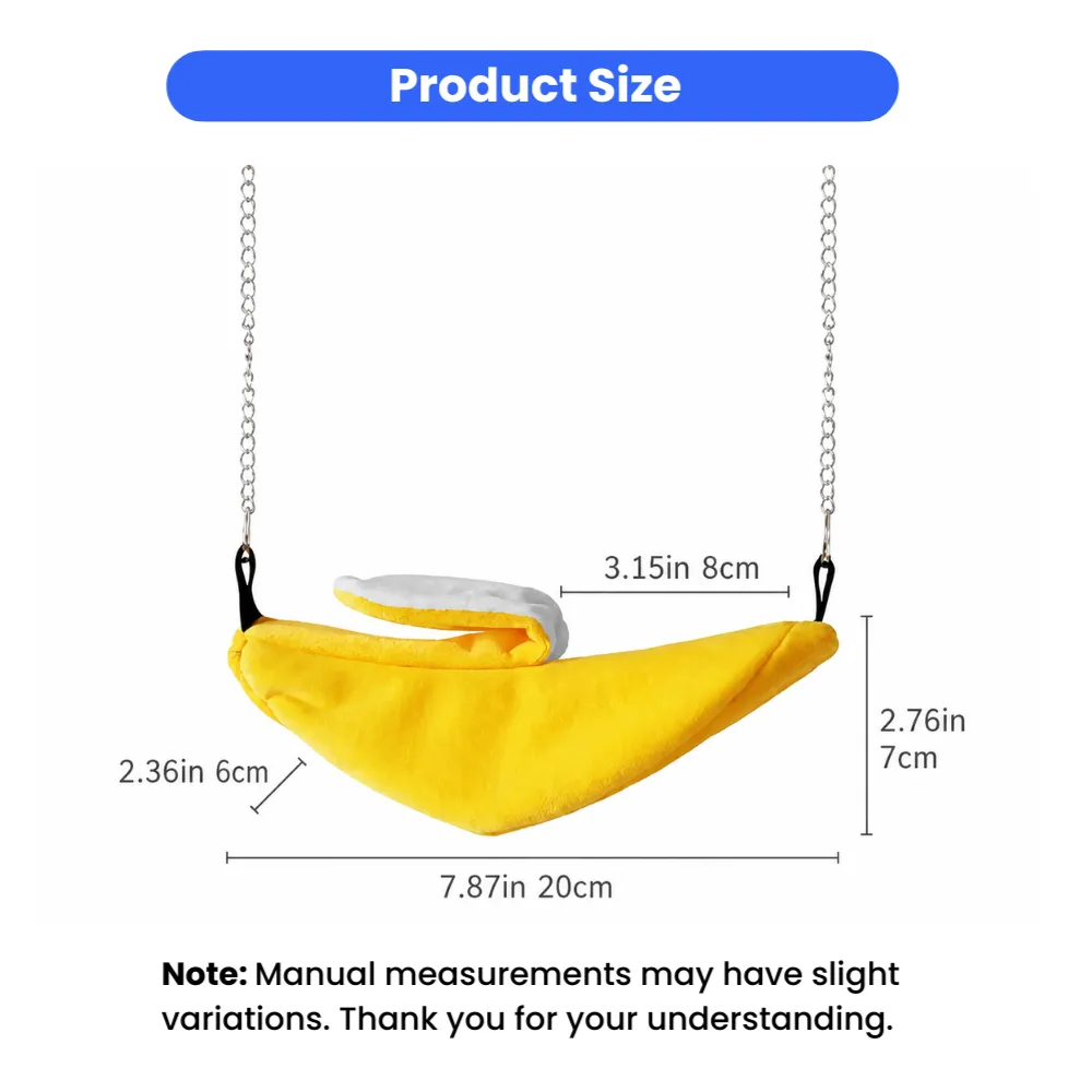 Size dimensions of banana-shaped hanging bird hammock nest for parrots and small birds