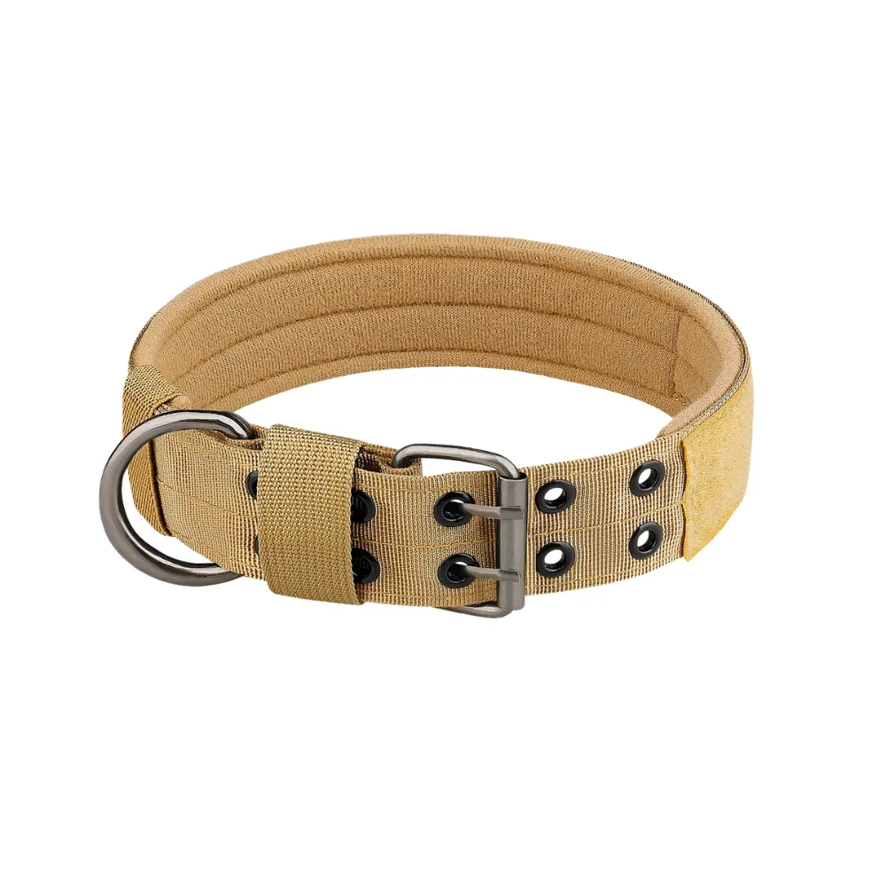 Khaki heavy duty dog collar with adjustable buckle and D-ring