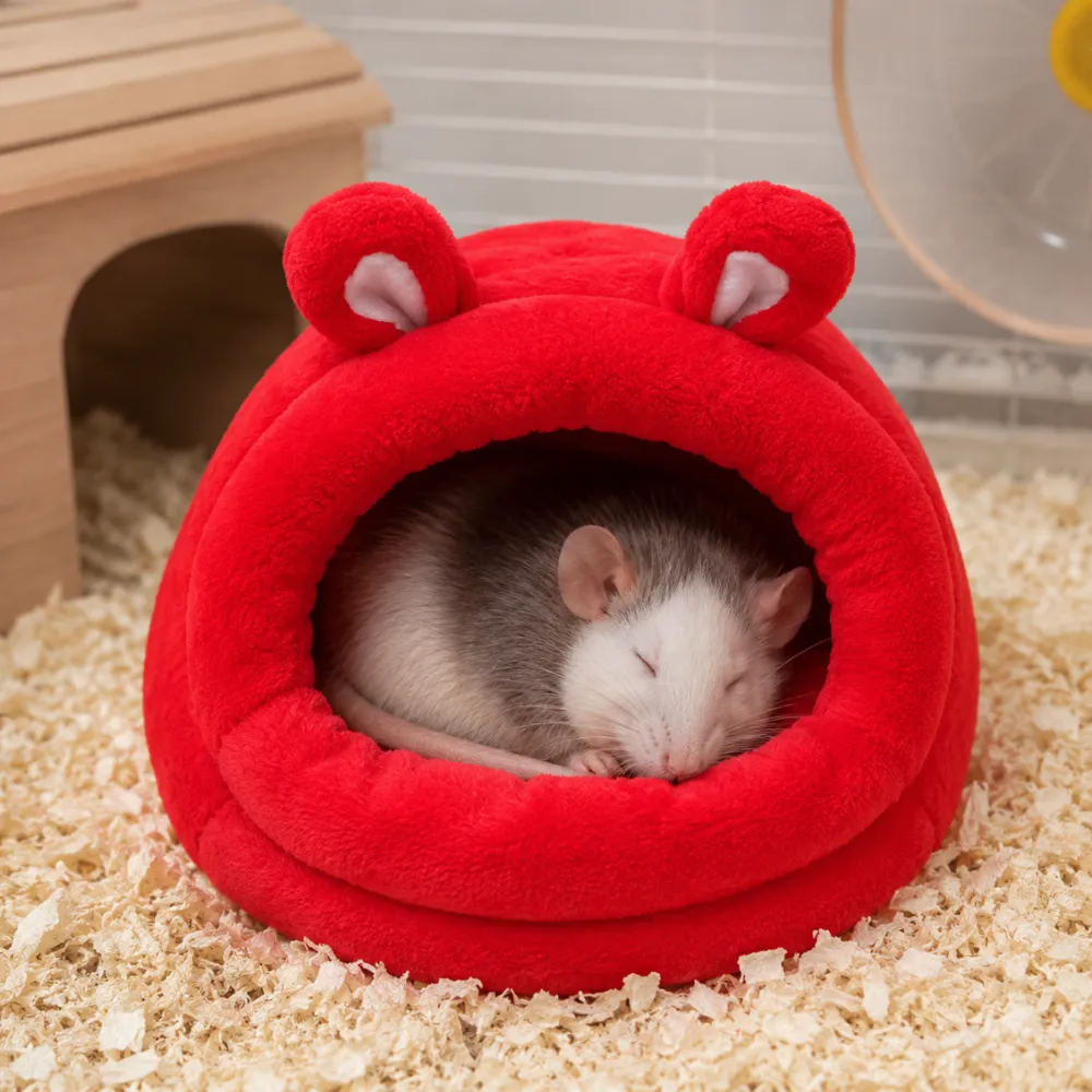 Pet rat sleeping comfortably inside a red plush small animal bed