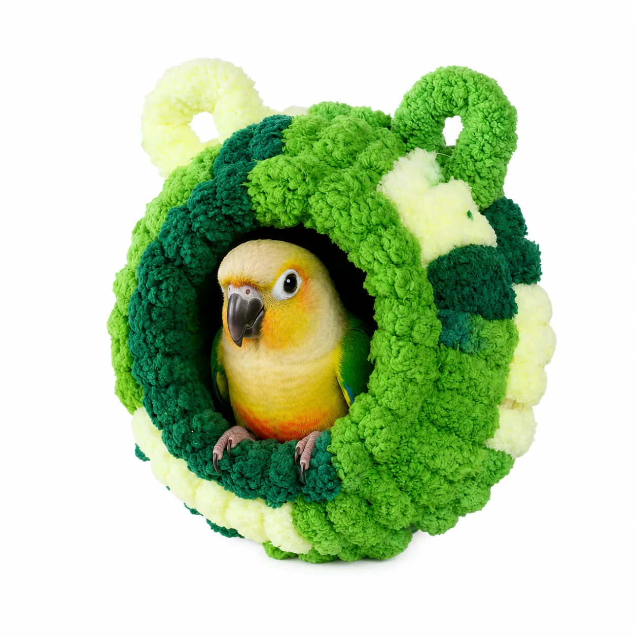 Broccoli Bird Nest Bed for Parrots and Lovebirds Green broccoli-shaped plush bird nest bed with parrot resting inside soft hanging hideout