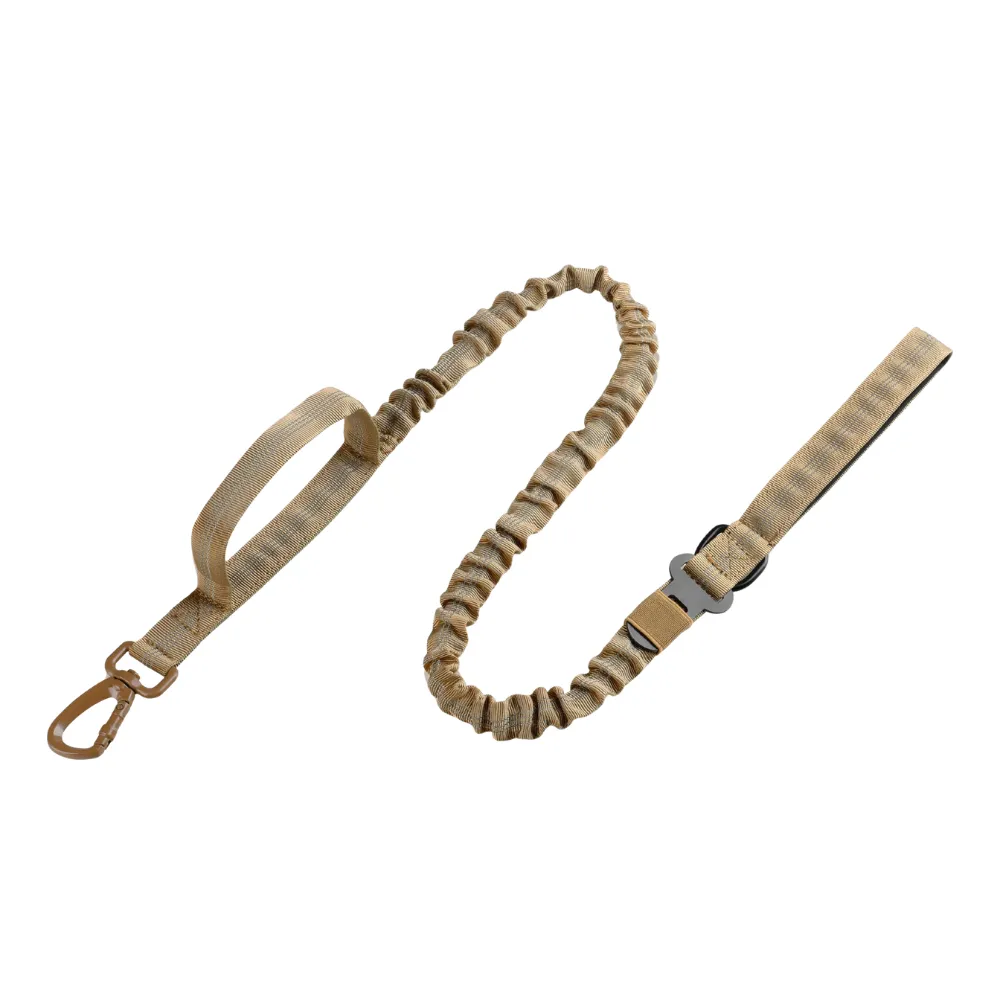 Khaki elastic dog leash with padded handle and heavy duty hardware