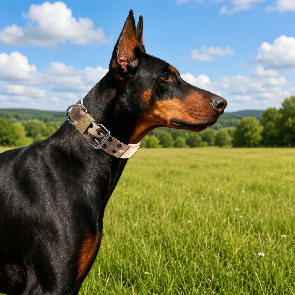 Large dog wearing camouflage tactical dog collar in outdoor training environment